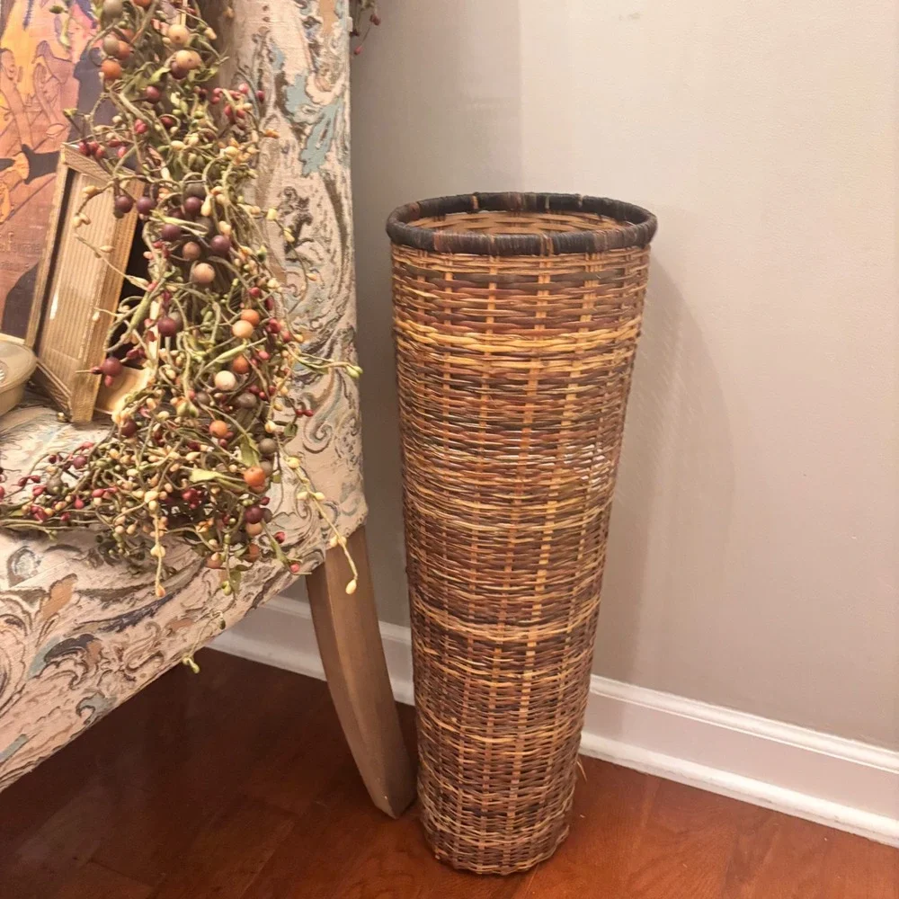 Umbrella Tall Woven Floor Basket Vase Rattan Bamboo Cylindrical Boho Cottage